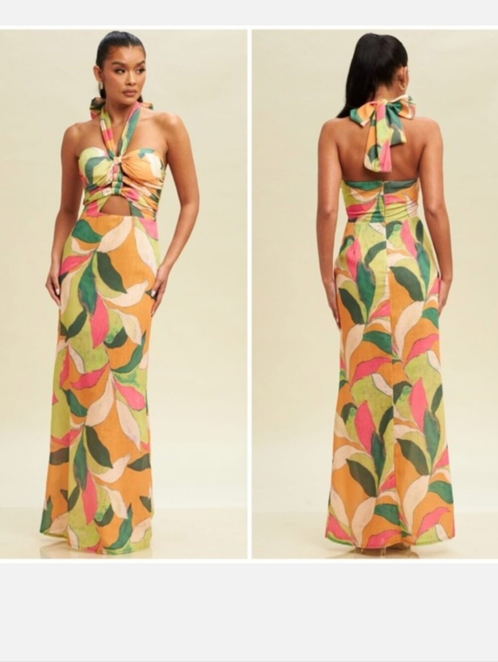LUXXEL Tropical Tie-Back Maxi Dress in Multi Leaf Print